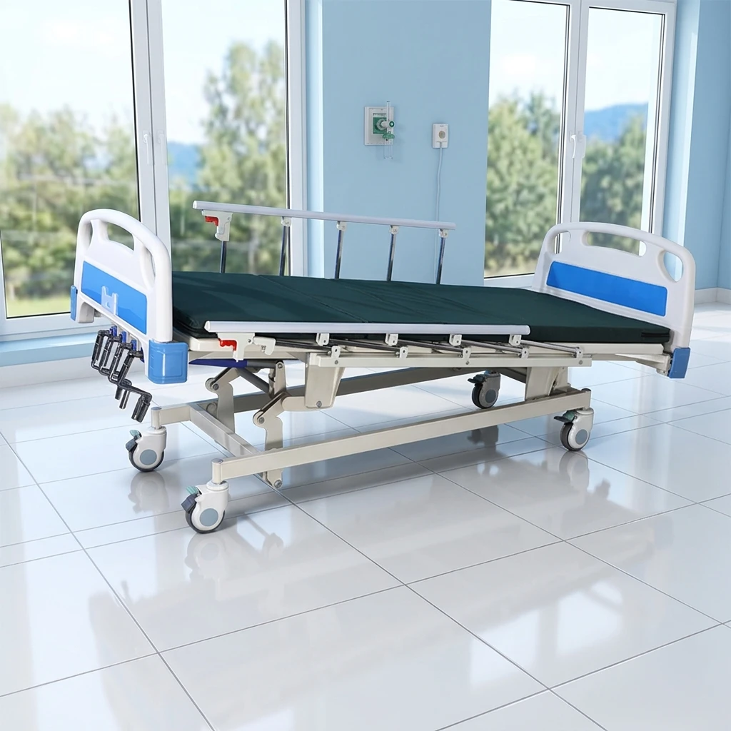 5 Function Manual Hospital Bed Height Adjustable Manual Patient Nursing Bed With Side Rails and Dining Table for Hospital - Image 4