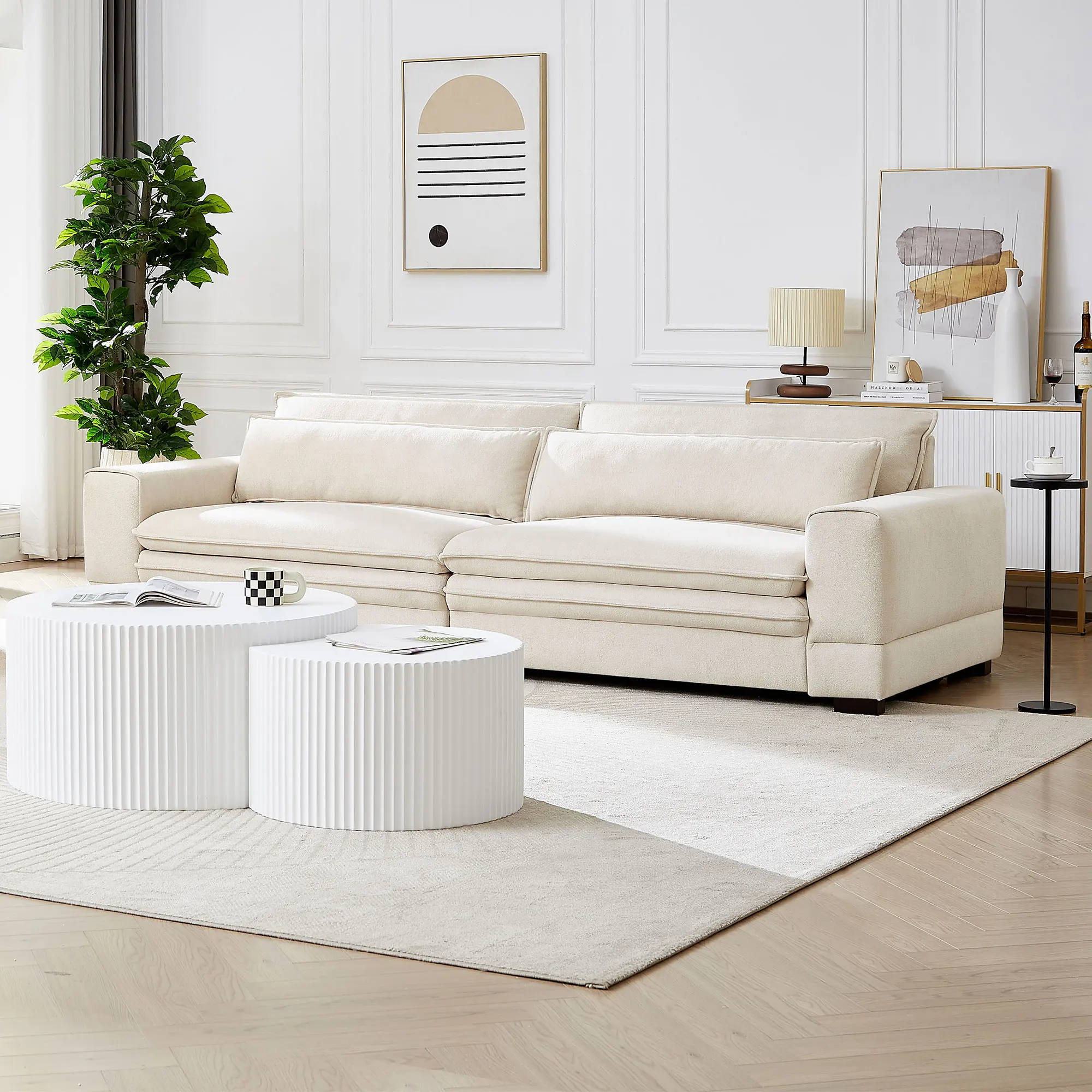 Mid-Century Modern Convertible Fabric Sofa Couch Set for Home Office Apartment Beige Upholstered Hotel for Livingroom Bedroom - Image 2