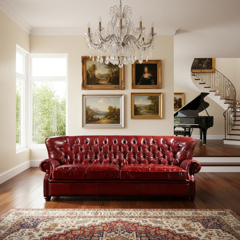 Hotel Furniture Leather Sofa Set Oxblood Red Genuine Leather Chesterfield Midcentury High Quality Tufted Antique Living Room - Image 2