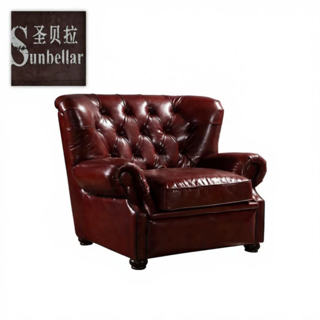 Hotel Furniture Leather Sofa Set Oxblood Red Genuine Leather Chesterfield Midcentury High Quality Tufted Antique Living Room - Image 4