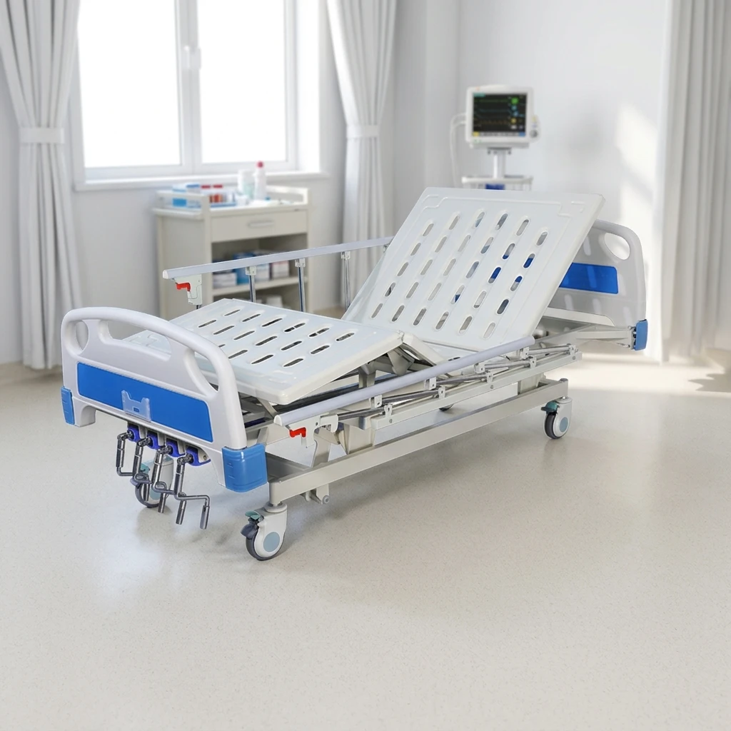 5 Function Manual Hospital Bed Height Adjustable Manual Patient Nursing Bed With Side Rails and Dining Table for Hospital - Image 3