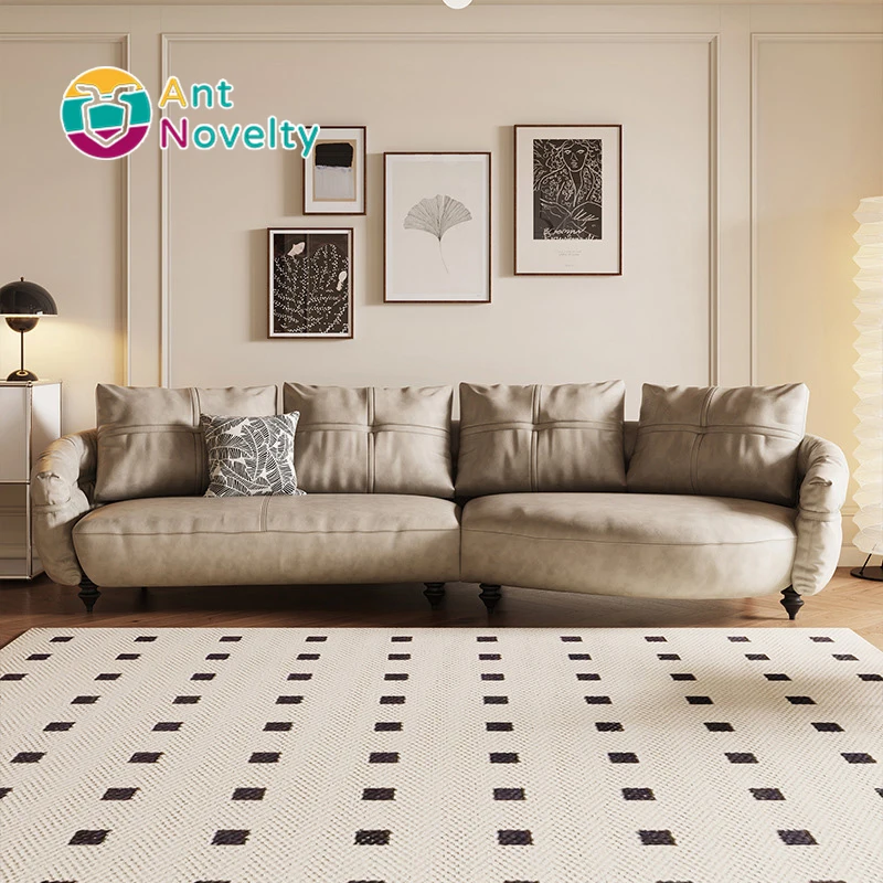 Antnovelty French Minimalist Leather Sofa With Curved Retro Top Layer Cowhide Living Room Sofa Set for Living Room - Image 2