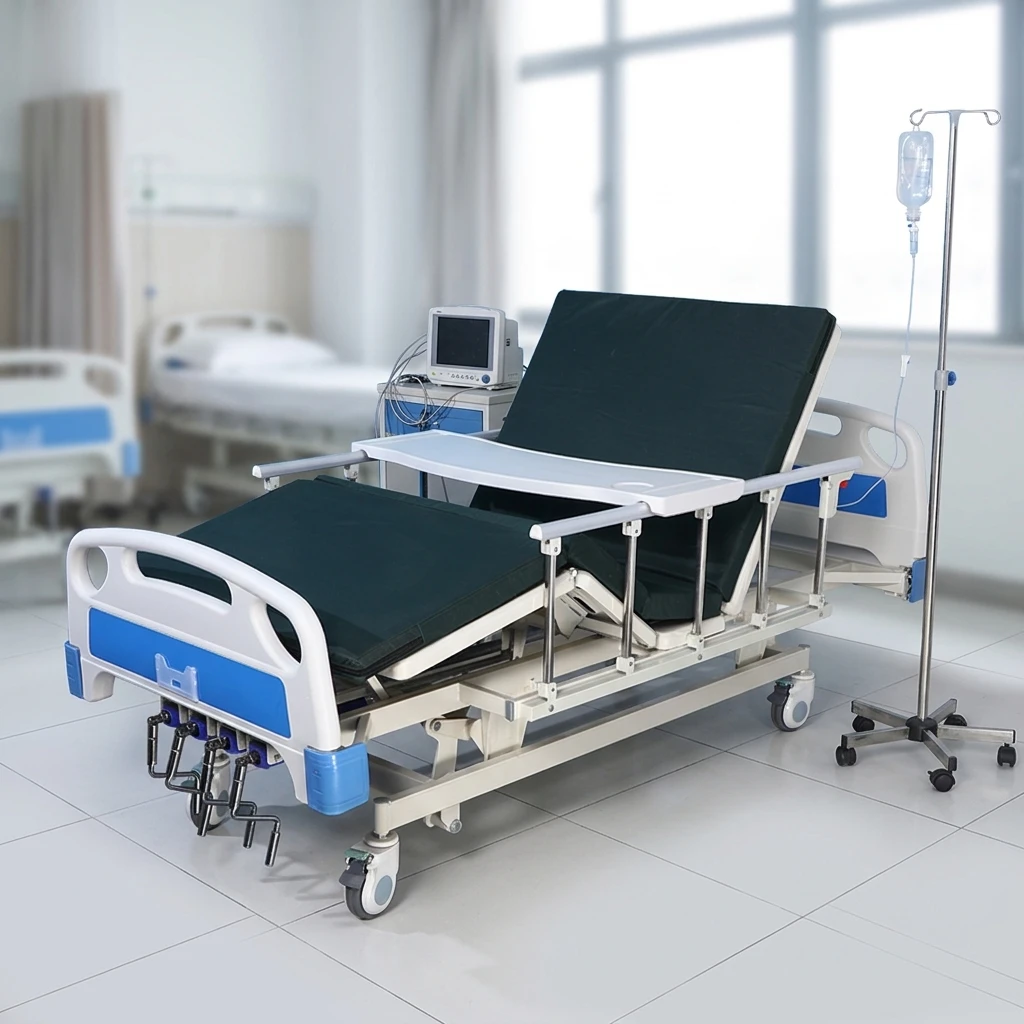 5 Function Manual Hospital Bed Height Adjustable Manual Patient Nursing Bed With Side Rails and Dining Table for Hospital