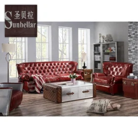 Hotel Furniture Leather Sofa Set Oxblood Red Genuine Leather Chesterfield Midcentury High Quality Tufted Antique Living Room