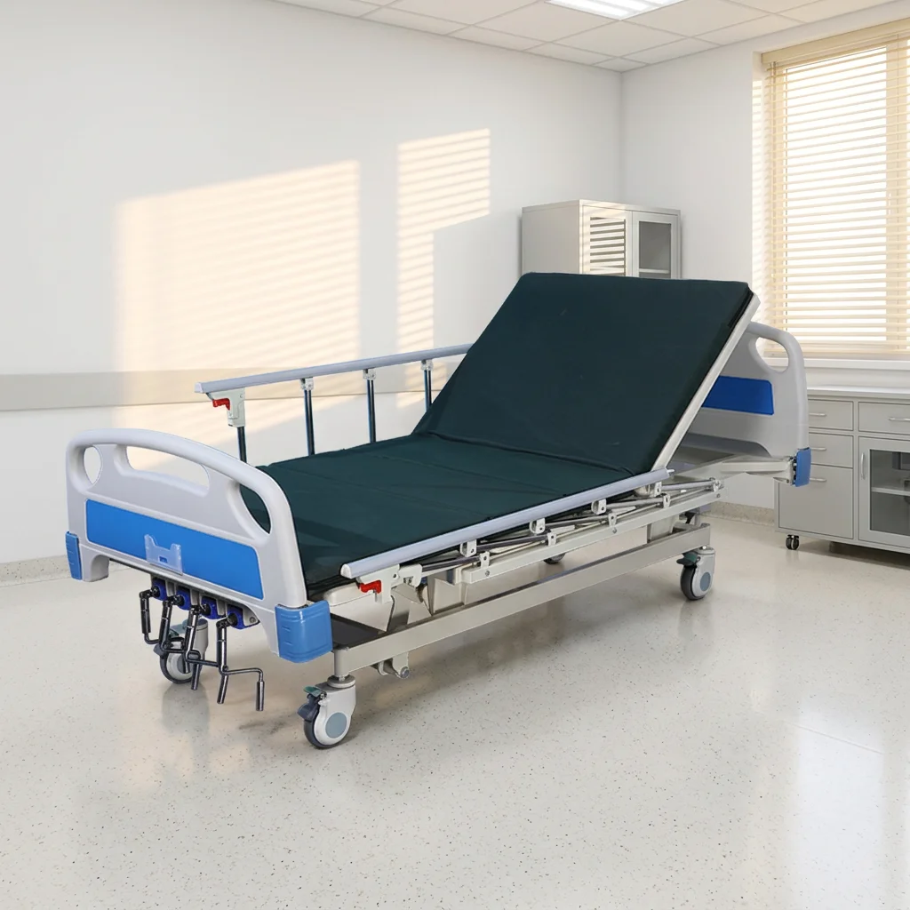 5 Function Manual Hospital Bed Height Adjustable Manual Patient Nursing Bed With Side Rails and Dining Table for Hospital - Image 5