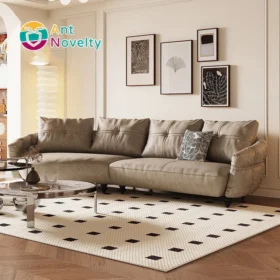 Antnovelty French Minimalist Leather Sofa With Curved Retro Top Layer Cowhide Living Room Sofa Set for Living Room