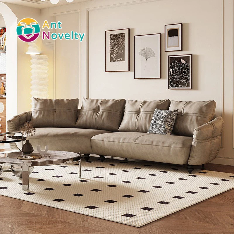 Antnovelty French Minimalist Leather Sofa With Curved Retro Top Layer Cowhide Living Room Sofa Set for Living Room