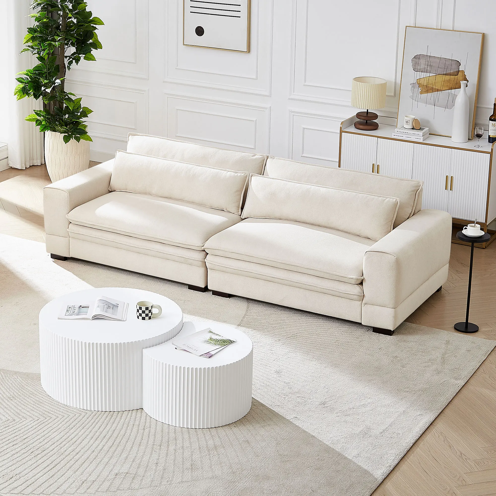 Mid-Century Modern Convertible Fabric Sofa Couch Set for Home Office Apartment Beige Upholstered Hotel for Livingroom Bedroom - Image 3
