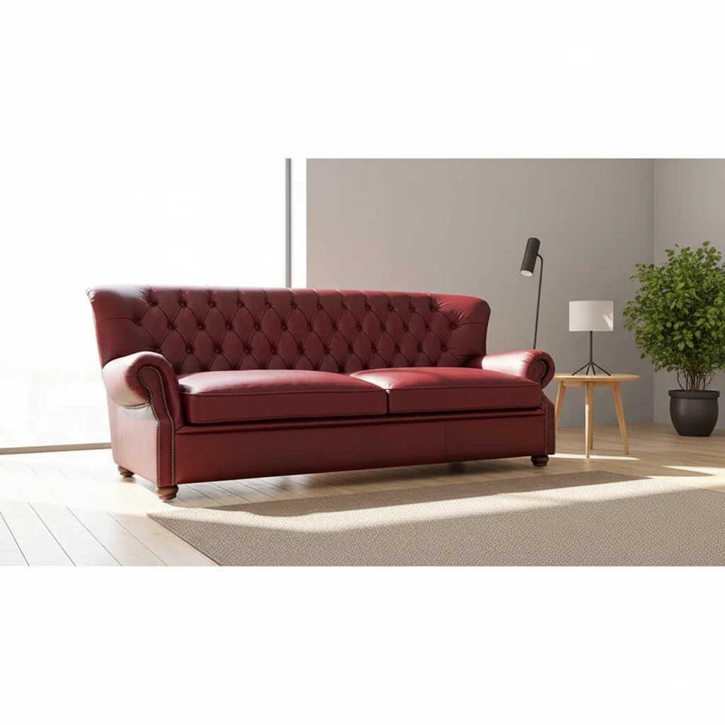 Hotel Furniture Leather Sofa Set Oxblood Red Genuine Leather Chesterfield Midcentury High Quality Tufted Antique Living Room - Image 3